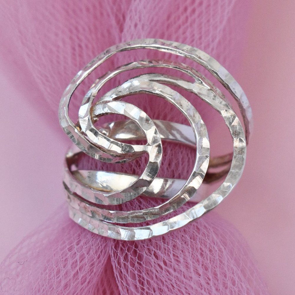 Bold extravagant silver ring for women, unusual large stoneless ring size 6 US
